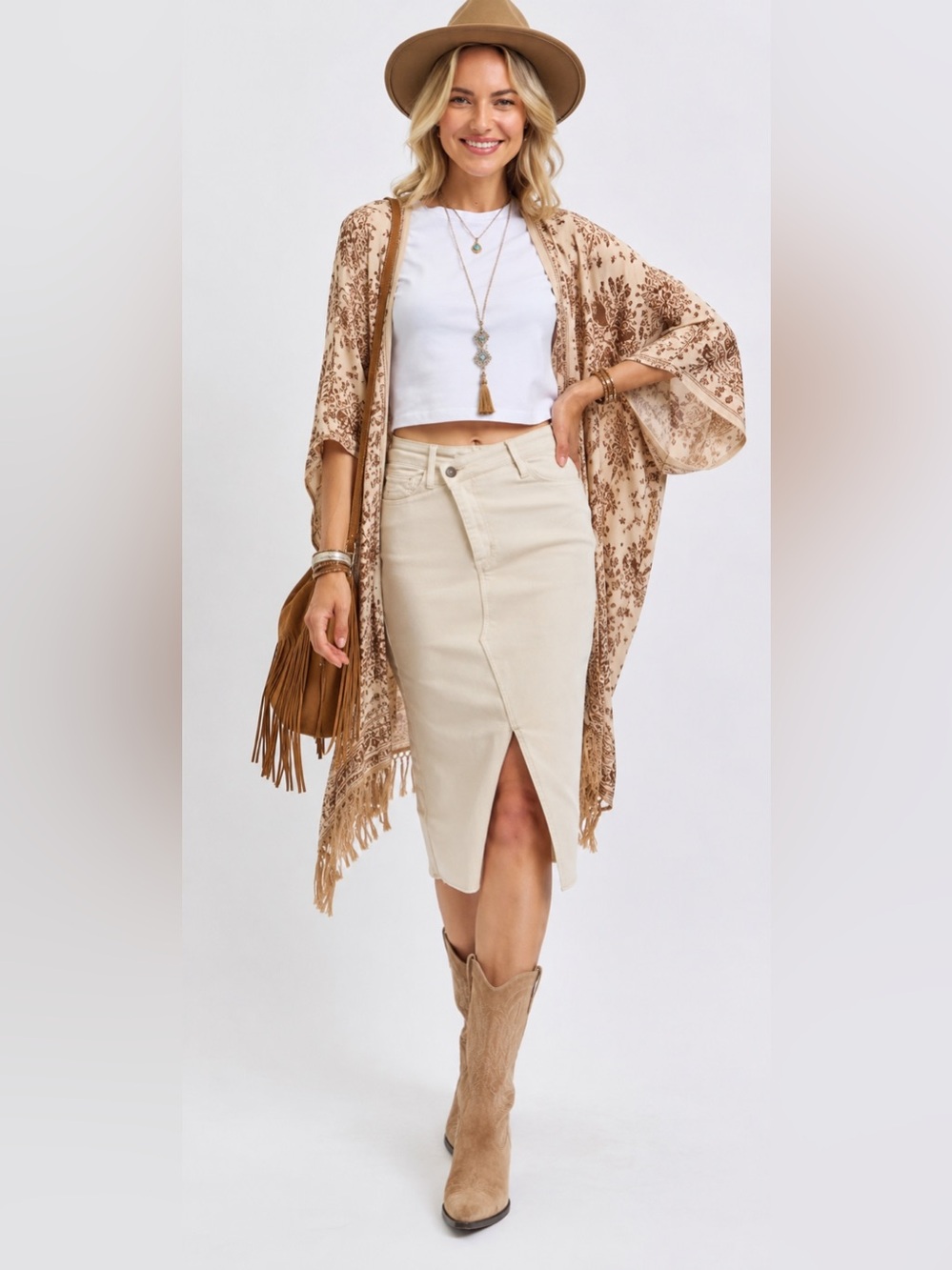 Judy Blue High Waist Front Slit Denim Midi Skirt Bone Cream Stretch Size Medium